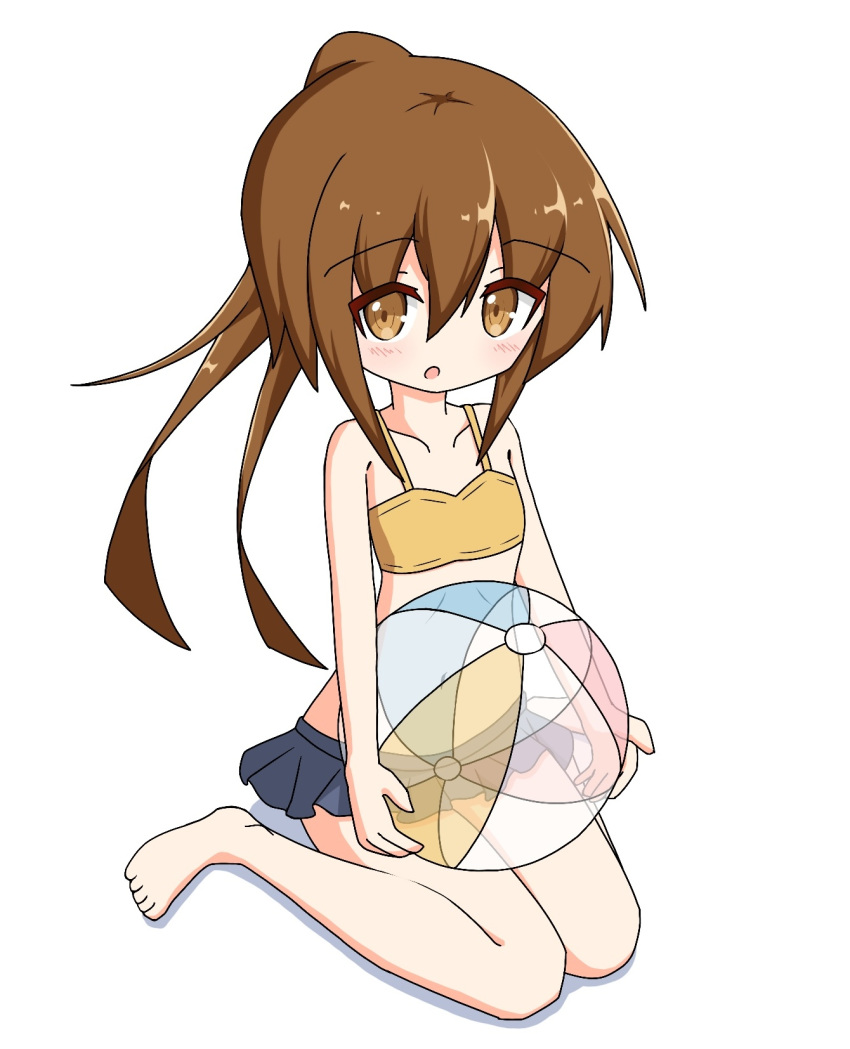 :o ball bangs bare_arms bare_legs bare_shoulders barefoot beachball bikini_top blue_skirt blush brown_bikini_top brown_eyes brown_hair collarbone commentary_request eyebrows_visible_through_hair full_body fumizuki_(kantai_collection) hair_between_eyes high_ponytail highres holding holding_ball ichi kantai_collection long_hair navel parted_lips pleated_skirt ponytail shadow sidelocks sitting skirt solo transparent very_long_hair wariza white_background
