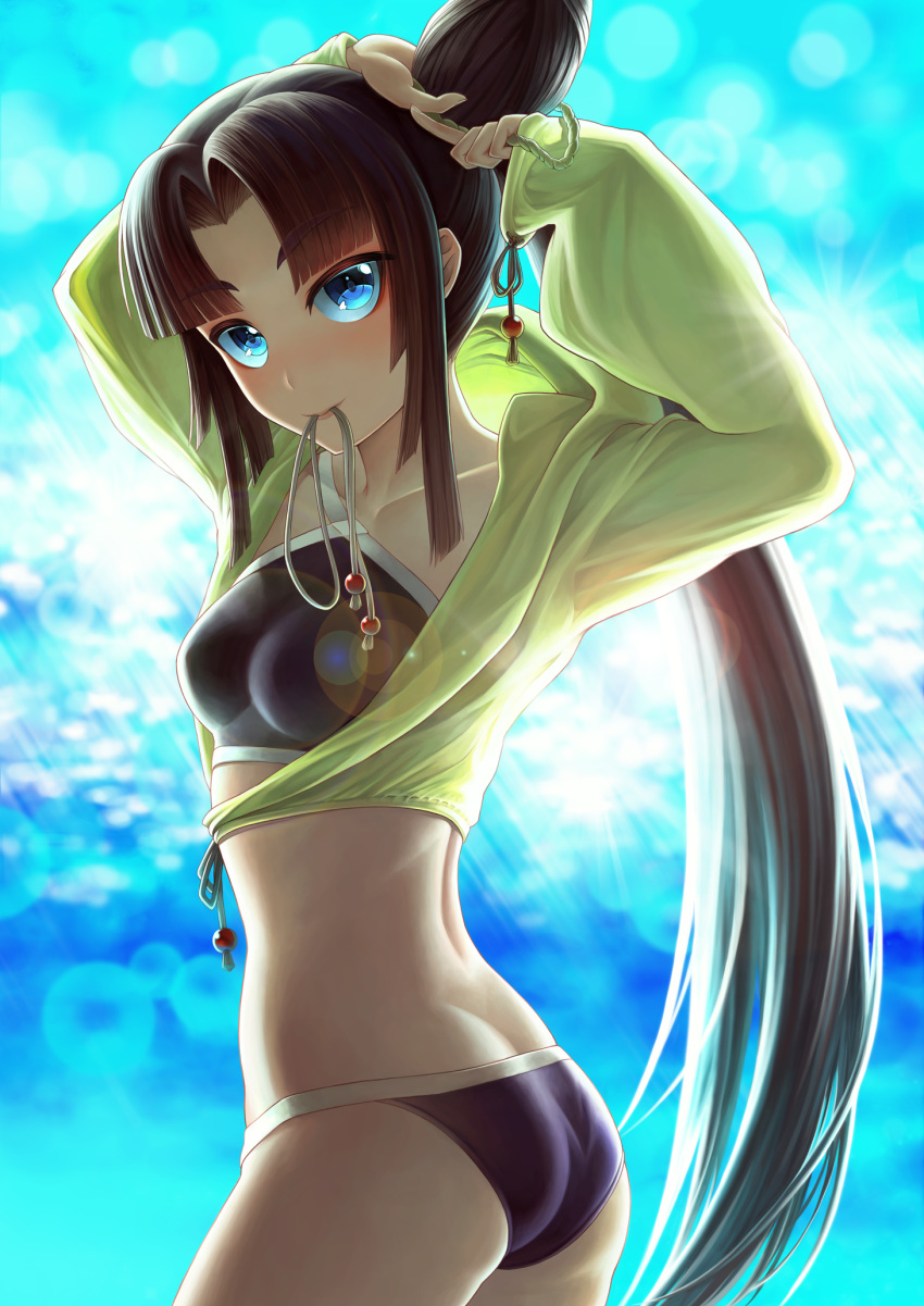 arms_up ass bikini black_bikini blue_eyes breasts brown_hair collarbone eyebrows_visible_through_hair fate/grand_order fate_(series) from_side highres hood hooded_jacket jacket lens_flare long_hair medium_breasts mouth_hold open_clothes open_jacket ponytail solo standing swimsuit tying_hair ushiwakamaru_(fate/grand_order) ushiwakamaru_(swimsuit_assassin)_(fate) very_long_hair yellow_jacket yoka1chi