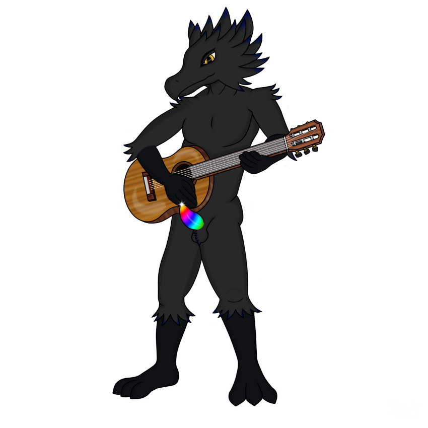 2018 3_toes acoustic_guitar alpha_channel anthro avian ball_tuft balls black_feathers black_feet black_toes digital_media_(artwork) dinosaur elbow_tufts erection feather_tuft feathered_dinosaur feathers guitar hi_res looking_at_viewer male multicolored_penis musical_instrument nude penis plantigrade rainbow_penis shaded shoulder_tuft simple_background smile solo standing tapering_penis thehuskyk9_(artist) toes transparent_background tuft watermark yellow_eyes