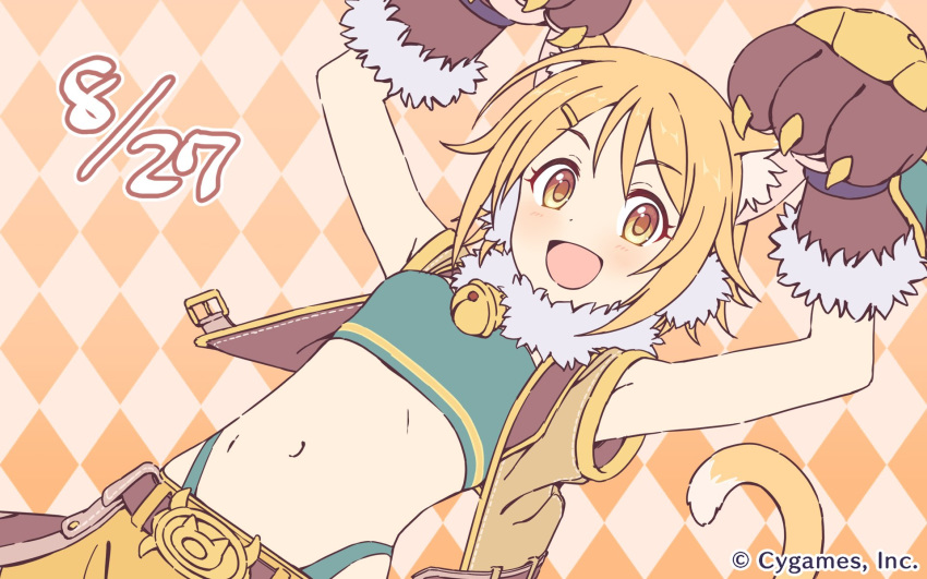 :d animal_ears argyle argyle_background arms_up bell bell_collar belt blonde_hair blush breasts cat_ears cat_paws cat_tail collar company_name crop_top cygames fur_collar fur_trim hair_ornament hairclip highres hirosaki_hiyori jingle_bell looking_at_viewer midriff navel official_art open_mouth orange_background paws princess_connect! princess_connect!_re:dive short_hair sleeveless small_breasts smile solo tail yellow_eyes