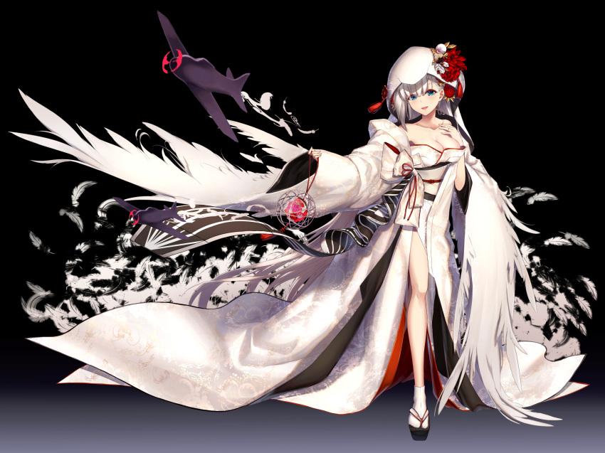 aircraft airplane alternate_hairstyle aono_meri azur_lane bangs blue_eyes blush breasts bride cleavage collarbone commentary_request dress eyebrows_visible_through_hair flight_deck floating_hair full_body hair_ornament hand_on_own_chest head_tilt highres holding hood japanese_clothes jewelry kimono large_breasts long_hair looking_at_viewer mole mole_under_eye open_mouth ring shoukaku_(azur_lane) sidelocks silver_hair smile socks solo thighs uchikake wedding_band wedding_dress white_legwear wide_sleeves wind wind_lift zouri