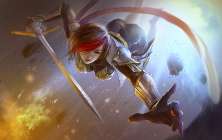 absurdres armor ass attack bangs black_hair bodysuit boobplate bracer breastplate breasts brown_eyes closed_mouth fiora_laurent hair_over_one_eye highres holding holding_sword holding_weapon league_of_legends looking_to_the_side medium_breasts midair motion_blur multicolored_hair outstretched_hand rapier red_hair short_hair shoulder_armor smile solo streaked_hair sword weapon wei_feng