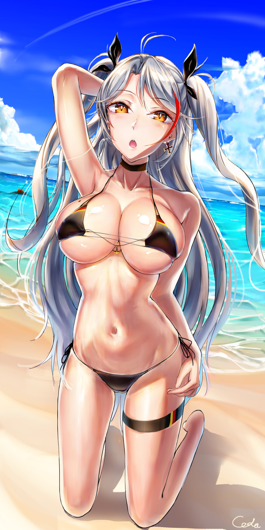 absurdres anchor_symbol antenna_hair arm_behind_head azur_lane bangs bikini black_bikini blue_sky blush breasts brown_eyes cameltoe cleavage cloud coda_(simon1995) collarbone commentary_request covered_nipples cross cross_earrings day earrings eyebrows_visible_through_hair flag_print german_flag_bikini groin hair_between_eyes hair_ribbon highres iron_cross jewelry kneeling large_breasts long_hair looking_at_viewer mole mole_on_breast multicolored_hair navel ocean open_mouth outdoors prinz_eugen_(azur_lane) red_hair ribbon side-tie_bikini sidelocks signature silver_hair skindentation sky solo stomach streaked_hair swimsuit thigh_strap two_side_up very_long_hair