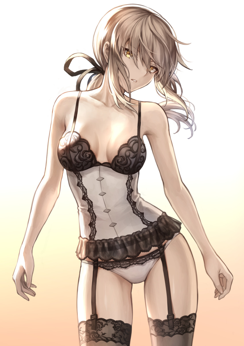 arms_at_sides artoria_pendragon_(all) bare_shoulders blonde_hair bow bra breasts cleavage collarbone commentary contrapposto cowboy_shot eyebrows_visible_through_hair eyes_visible_through_hair fate/grand_order fate_(series) floral_print frilled_panties frills garter_belt garter_straps gradient gradient_background hair_bow head_tilt highres lingerie long_hair looking_at_viewer mashu_003 medium_breasts pale_skin panties parted_lips ponytail red_background saber_alter see-through sidelocks solo standing thighhighs thighs twitter_username underwear underwear_only white_panties yellow_eyes