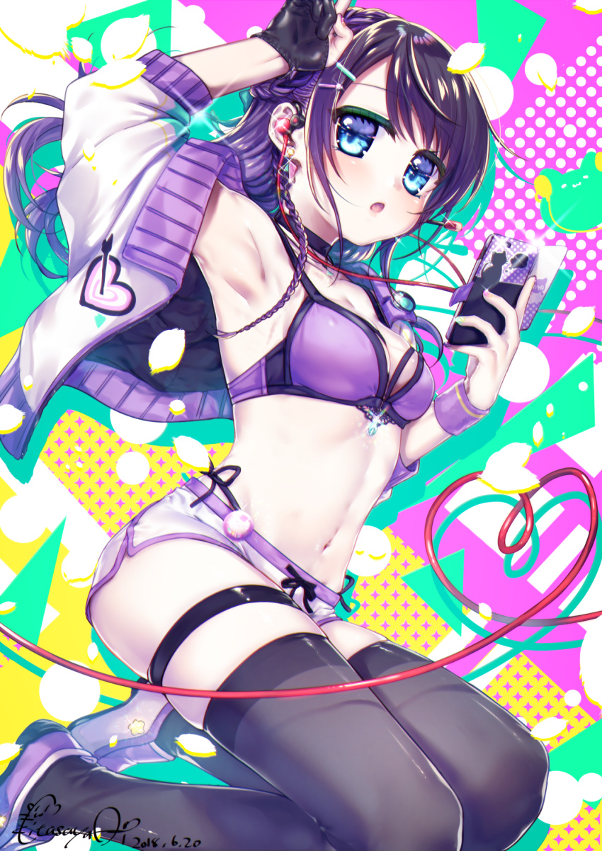 armpits arms_up black_choker black_gloves black_legwear black_panties black_string blue_eyes blush bra braid breasts choker commentary_request cropped_jacket earrings fingerless_gloves gloves hand_on_own_head headphones heart heart_print highres holding holding_phone jacket jewelry kitasaya_ai long_hair looking_at_viewer medium_breasts nail_polish navel necklace open_clothes open_jacket original panties panties_under_shorts phone pink_nails purple_bra purple_footwear purple_hair shoes short_shorts shorts shorts_string side-tie_panties single_fingerless_glove skindentation solo sparkle stomach swimsuit thigh_strap thighhighs underwear white_jacket white_shorts