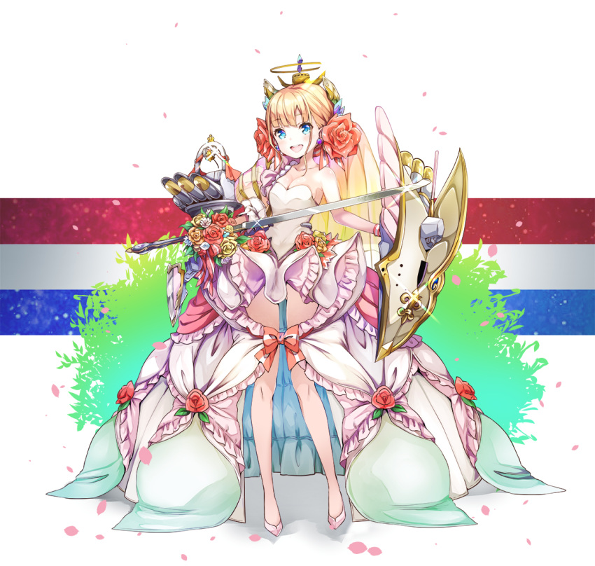 :d azur_lane bangs bare_shoulders blonde_hair blue_eyes blush bouquet bow brown_flower brown_rose commentary_request dress earrings eyebrows_visible_through_hair flower glint hair_flower hair_ornament headgear holding holding_bouquet holding_shield holding_sword holding_weapon jewelry le_triomphant_(azur_lane) open_mouth petals pilokey pink_footwear red_bow red_flower red_rose rose round_teeth shield shoes sidelocks smile solo standing strapless strapless_dress striped striped_bow sword teeth torpedo upper_teeth weapon wedding_dress yellow_flower yellow_rose