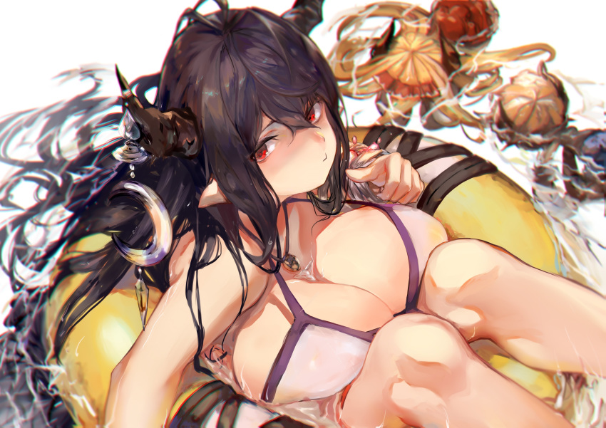 absurdres bandaged_arm bandages bikini black_hair breasts cleavage commentary_request crescent danua doroyoi_san draph granblue_fantasy hair_between_eyes highres horn_ornament horns huge_breasts innertube jewelry long_hair necklace pointy_ears red_eyes swimsuit water wet