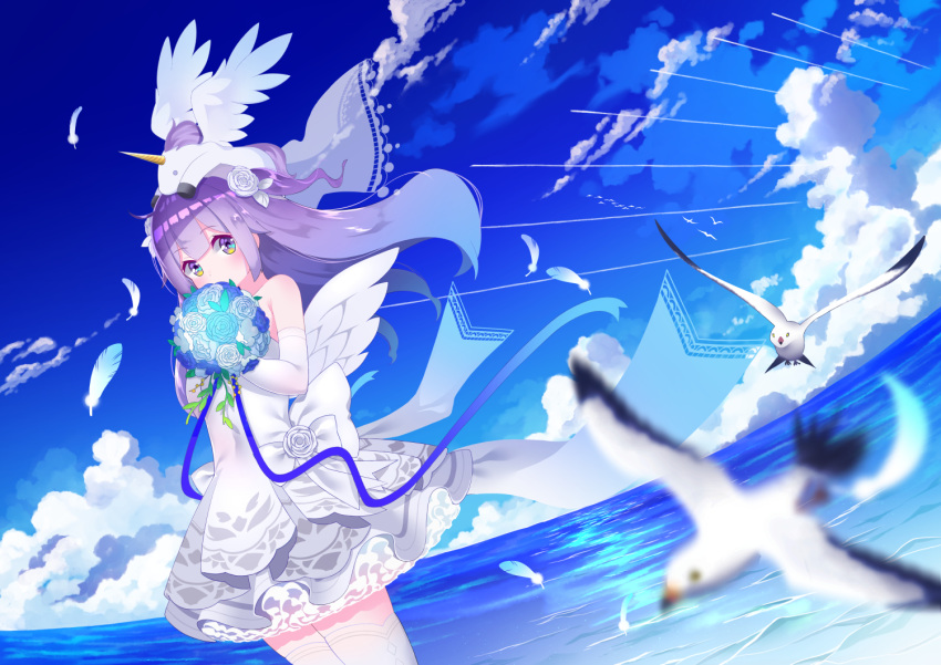ahoge animal azur_lane bangs bare_shoulders bird blue_flower blue_ribbon blue_rose blue_sky blurry blurry_foreground blush bouquet cloud commentary_request covered_mouth day depth_of_field detached_sleeves dress dutch_angle eyebrows_visible_through_hair feathered_wings feathers flower holding holding_bouquet horizon long_hair long_sleeves looking_at_viewer ocean on_head one_side_up outdoors pleated_dress purple_eyes purple_hair ribbon rose seagull sky solo standing stuffed_alicorn stuffed_animal stuffed_toy thighhighs unicorn_(azur_lane) very_long_hair water white_dress white_feathers white_flower white_legwear white_rose white_wings wings yuujin_(mhhnp306)