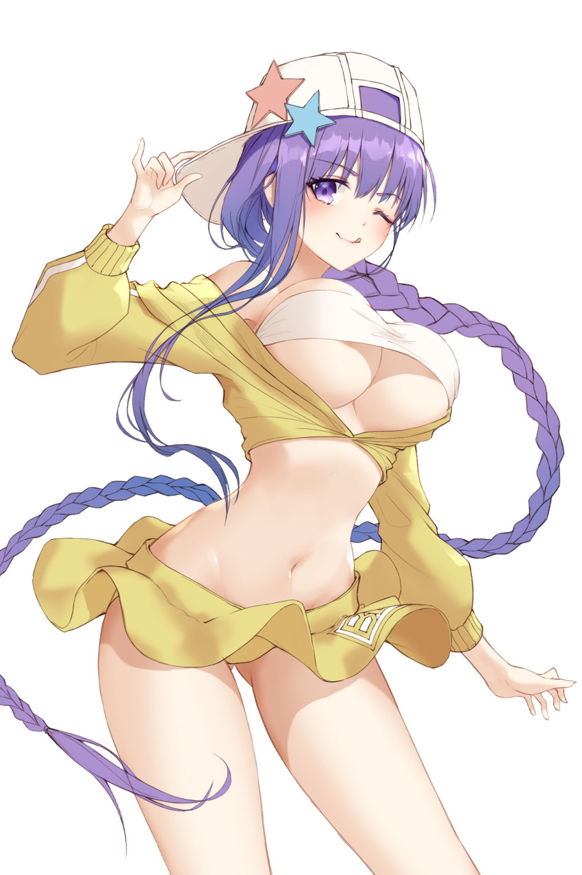 absurdres bare_shoulders baseball_cap bb_(fate)_(all) bb_(swimsuit_mooncancer)_(fate) bikini blush breasts cleavage fate/grand_order fate_(series) godoju hat highres large_breasts long_hair looking_at_viewer navel purple_eyes purple_hair shirt skirt smile solo star swimsuit very_long_hair white_bikini yellow_shirt yellow_skirt