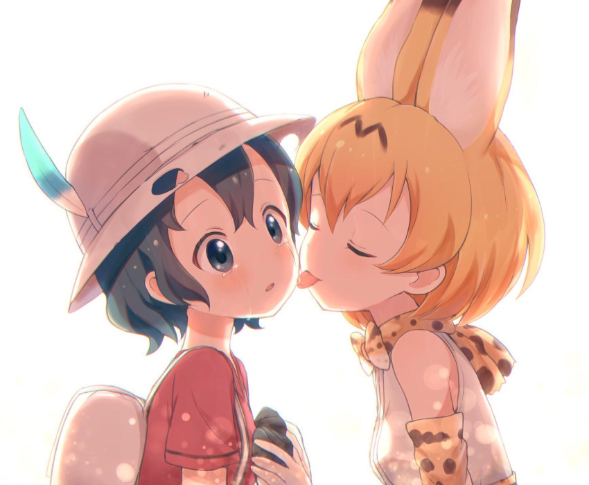 animal_ear_fluff animal_ears backlighting backpack bag bare_shoulders black_hair blonde_hair bloom blue_eyes bow bowtie breasts buchi_(y0u0ri_) bucket_hat closed_eyes commentary crying crying_with_eyes_open elbow_gloves face_licking gloves hat high-waist_skirt highres holding_hands kaban_(kemono_friends) kemono_friends licking multicolored_hair multiple_girls print_gloves print_neckwear print_skirt serval_(kemono_friends) serval_ears serval_girl serval_print shirt shirt_tucked_in short_hair short_sleeves skirt sleeveless sleeveless_shirt small_breasts streaming_tears t-shirt tears white_shirt wide-eyed