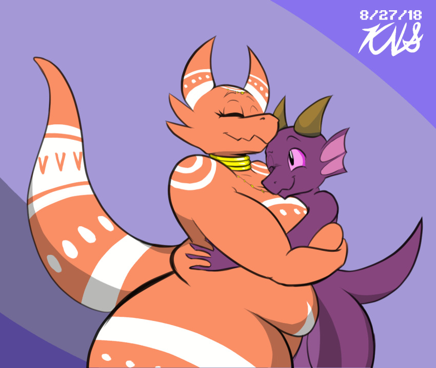 2018 anthro big_breasts blush breasts claws duo embrace erection eyelashes eyes_closed feet female fin gonz horn hug kobold lizard male male/female orange_scales plūm_rhazin purple_scales reptile scales scalie size_difference slightly_chubby standing thefoxbro thick_thighs tribal