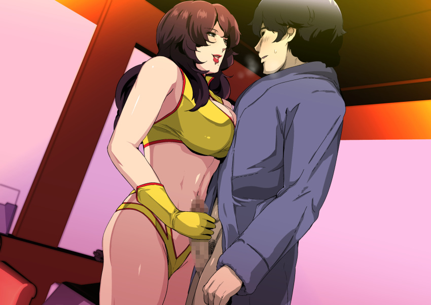 1girl bare_legs bare_shoulders black_eyes blush breast_press breasts breath brown_hair cat's_eye censored cleavage cosplay dirty_pair erection gloves groin gureko_rouman hair_over_shoulder half-closed_eyes handjob highres indoors kisugi_rui large_breasts legs lips lipstick long_hair looking_at_another makeup mole mole_under_mouth mosaic_censoring navel open_mouth penis red_lips standing thighs yellow_clothes yellow_gloves yuri_(dirty_pair) yuri_(dirty_pair)_(cosplay)