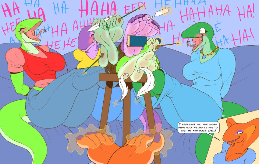 4_females 5_toes anthro barefoot bdsm big_breasts bondage bound breasts cobra dialogue english_text feathers female female/female group magic open_mouth reptile sassy_snake scalie snake speech_bubble text tickling toes tongue toothbrush zp92