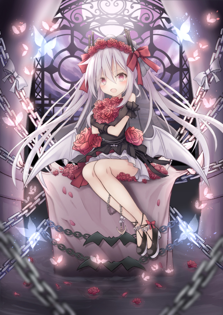 :d anchor azur_lane bangs bare_shoulders black_dress black_footwear black_gloves bow bug butterfly chain commentary_request dress eyebrows_visible_through_hair fang flower gloves hair_between_eyes hair_bow hair_flower hair_ornament high_heels highres insect long_hair looking_at_viewer nishina_kakeri open_mouth pleated_dress red_bow red_eyes red_flower red_rose rose shoes silver_hair sitting smile solo twintails vampire_(azur_lane) very_long_hair white_bow white_flower white_rose