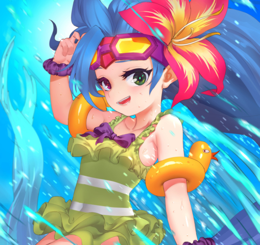 :d air_bubble blue_hair bow breasts bubble fish flower frilled_swimsuit frills goggles goggles_on_head green_eyes hair_flower hair_ornament hand_up heterochromia highres league_of_legends long_hair looking_at_viewer open_mouth pd_(pdpdlv1) pool_party_zoe purple_bow purple_eyes rubber_duck scrunchie small_breasts smile swimsuit underwater upper_body very_long_hair water wristband zoe_(league_of_legends)