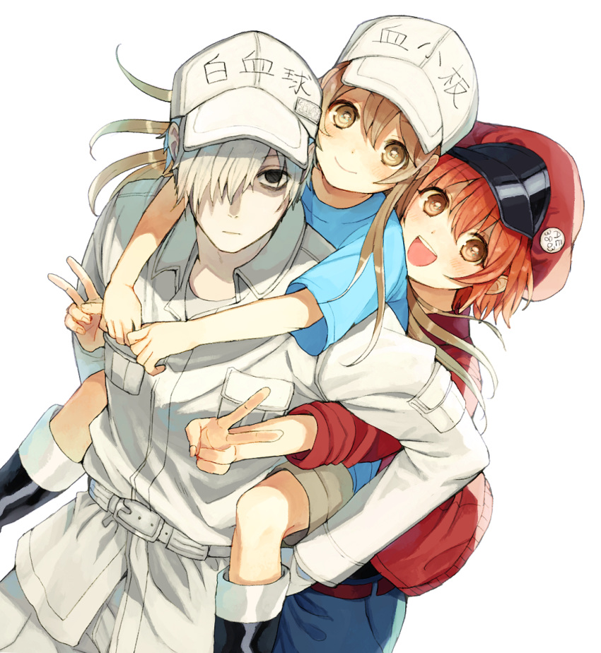 2girls ae-3803 black_hair blush brown_eyes brown_hair cabbie_hat carrying clothes_writing commentary_request flat_cap hair_over_one_eye hat hataraku_saibou kurodeko long_sleeves looking_at_viewer multiple_girls open_mouth platelet_(hataraku_saibou) red_blood_cell_(hataraku_saibou) red_hair sandwiched shirt short_sleeves shorts simple_background smile u-1146 v white_background white_blood_cell_(hataraku_saibou) white_hair white_skin