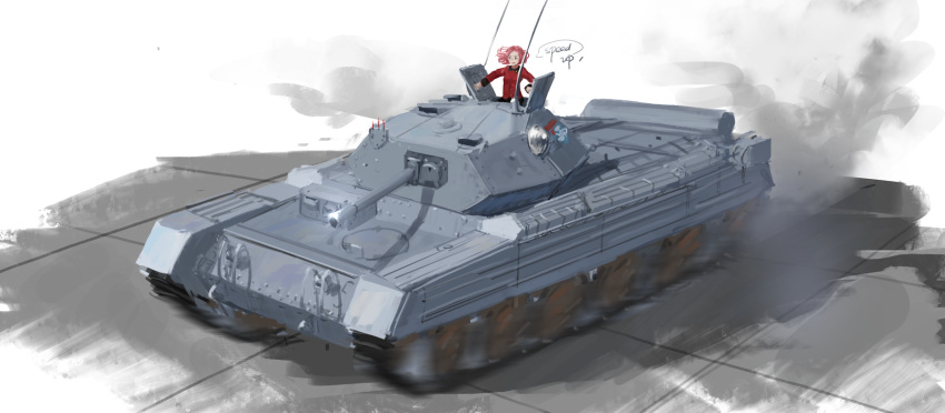 brown_eyes caterpillar_tracks commentary_request crusader_(tank) emblem english girls_und_panzer ground_vehicle highres military military_vehicle motor_vehicle red_hair rosehip short_hair sidneysora solo st._gloriana's_(emblem) st._gloriana's_military_uniform tank white_background