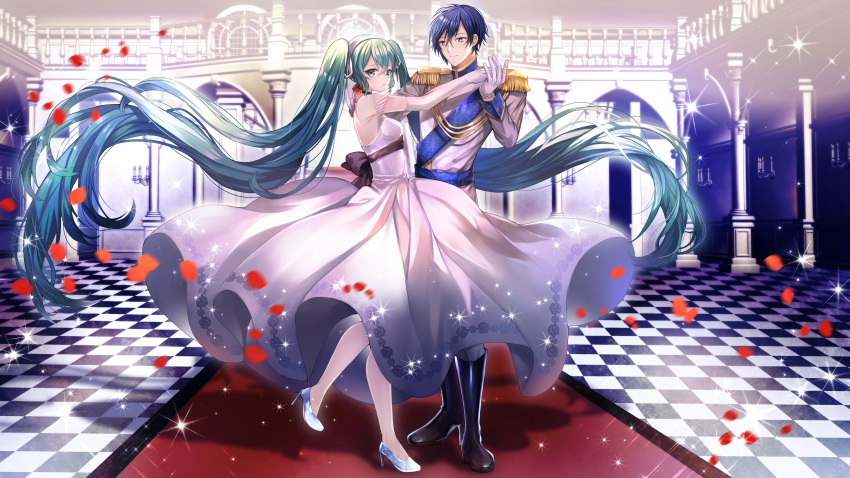 1girl abandon_ranka absurdly_long_hair anniversary bangs bare_shoulders black_choker black_footwear blue_footwear blue_hair boots cendrillon_(vocaloid) checkered checkered_floor choker closed_mouth commentary_request dress elbow_gloves epaulettes eyebrows_visible_through_hair flower gloves green_eyes green_hair grey_pants hair_between_eyes hatsune_miku high_heels highres holding_hand indoors jacket kaito knee_boots long_hair long_sleeves pants petals pillar pleated_dress purple_eyes red_flower red_rose rose shoes smile standing standing_on_one_leg twintails very_long_hair vocaloid white_dress white_gloves white_jacket