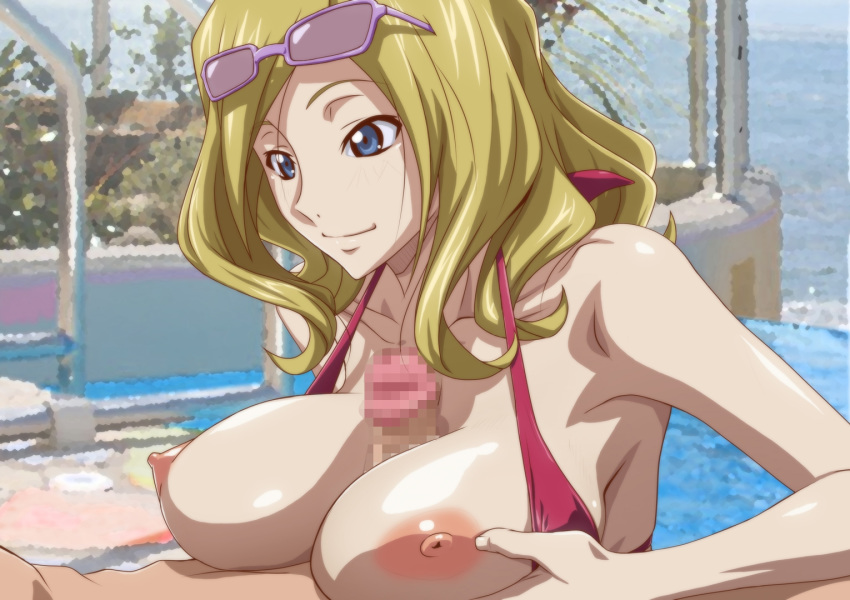 1girl areolae armpits bare_arms bare_shoulders bikini blonde_hair blue_eyes breast_rest breast_squeeze breasts breasts_outside censored closed_mouth code_geass highres kyabakurabakufu large_breasts lying milly_ashford mosaic_censoring nipples open_bikini open_clothes paizuri penis pool red_bikini short_hair smile solo_focus sunglasses sunglasses_on_head swimsuit water