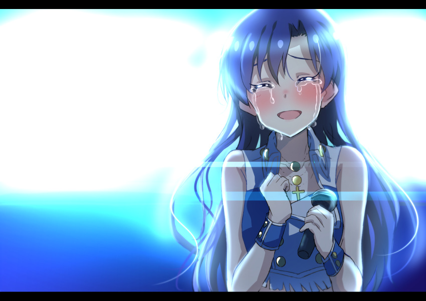 :d absurdres backlighting blue_hair blush collarbone crop_top cross cross_necklace crying crying_with_eyes_open hair_between_eyes head_tilt highres holding holding_microphone idol idolmaster idolmaster_(classic) jewelry kisaragi_chihaya lieass long_hair microphone necklace open_mouth shiny shiny_hair sleeveless smile solo tears upper_body very_long_hair white_background wristband