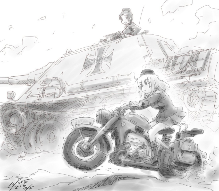 garrison_cap girls_und_panzer greyscale ground_vehicle hat itsumi_erika jagdpanther kuromorimine_military_uniform military military_uniform military_vehicle monochrome motor_vehicle motorcycle multiple_girls nyororiso_(muyaa) on_motorcycle ritaiko_(girls_und_panzer) short_hair sketch skirt tank uniform zuendapp_ks600