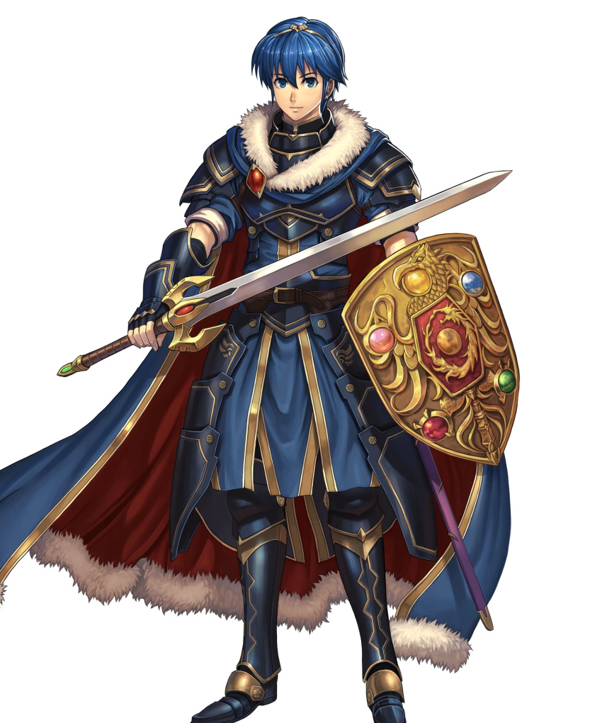 armor armored_boots belt blue_eyes blue_hair boots cape closed_mouth falchion_(fire_emblem) fingerless_gloves fire_emblem fire_emblem:_monshou_no_nazo fire_emblem_heroes full_body fur_trim gloves highres holding holding_shield holding_sword holding_weapon izuka_daisuke jewelry light_smile looking_at_viewer marth non-web_source official_art sheath shield shiny shiny_hair short_hair short_sleeves shoulder_armor shoulder_pads sword tiara transparent_background weapon