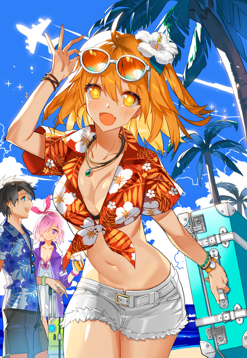 2girls :d absurdres adjusting_eyewear ahoge aircraft airplane beach bead_bracelet beads belt bikini bikini_under_clothes black_hair blue_eyes blue_shirt blush bracelet breasts casual cleavage collared_shirt cowboy_shot cutoffs day dress drink eyewear_on_head eyewear_removed fang fate/grand_order fate_(series) floral_print flower fujimaru_ritsuka_(female) fujimaru_ritsuka_(male) hair_flower hair_ornament hair_over_one_eye hair_ribbon hairband hawaiian_shirt hibiscus highres hips holding hood hood_down hoodie jewelry lavender_hair looking_at_viewer mash_kyrielight medium_breasts midriff mona0101 multiple_girls navel necklace ocean open_mouth orange_eyes orange_hair outdoors palm_tree pink_hair pink_hairband purple_eyes purple_hoodie red_shirt ribbon rolling_suitcase shirt short_hair short_shorts short_sleeves shorts sky smile standing stomach suitcase summer sundress sunglasses swimsuit tied_shirt tree tropical_summer watch white_dress white_flower white_shorts wristband wristwatch