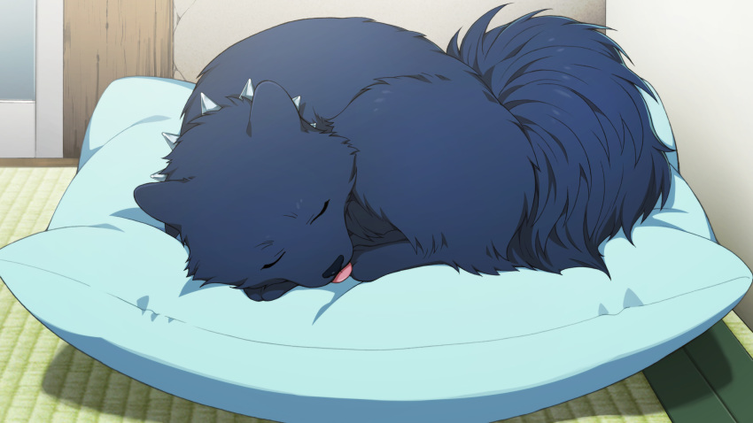 allmate ambiguous_gender blue_fur canid canine canis collar domestic_dog dramatical_murder eyes_closed feral fur lying mammal nitro+chiral official_art pillow quadruped ren sleeping solo spiked_collar spikes torao_asada