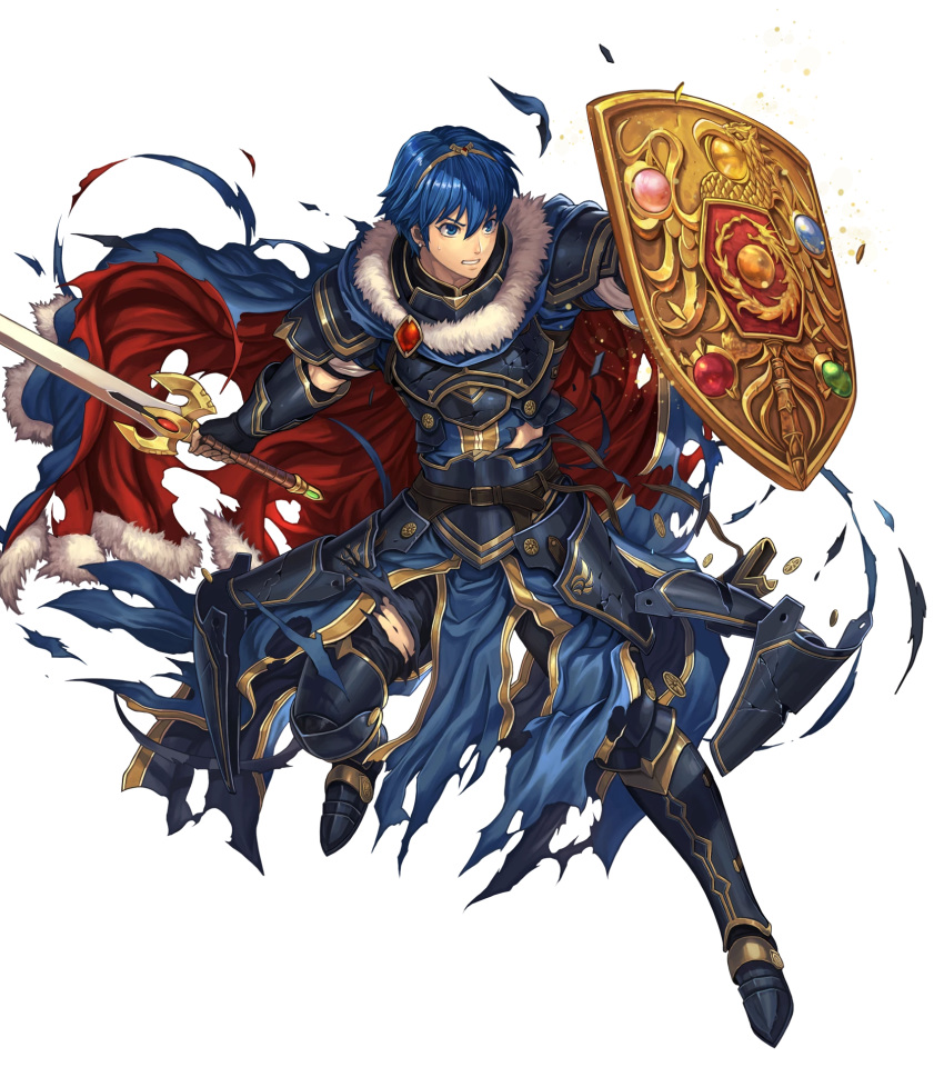armor armored_boots bangs blue_eyes blue_hair boots broken_armor cape clenched_teeth falchion_(fire_emblem) fingerless_gloves fire_emblem fire_emblem:_monshou_no_nazo fire_emblem_heroes full_body fur_trim gloves highres holding holding_shield holding_sword holding_weapon izuka_daisuke jewelry marth non-web_source official_art parted_lips sheath shield shiny short_sleeves shoulder_armor shoulder_pads solo sword teeth tiara torn_clothes transparent_background weapon