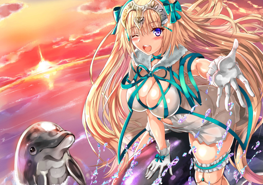 ;d absurdres blonde_hair blue_hairband blue_ribbon blush breasts cleavage commentary_request detached_collar dolphin fate/grand_order fate_(series) fur_collar gloves hairband headpiece highres jeanne_d'arc_(fate)_(all) jeanne_d'arc_(swimsuit_archer) large_breasts long_hair looking_at_viewer navel_cutout ocean one-piece_swimsuit one_eye_closed open_mouth outstretched_hand purple_eyes ribbon riding smile solo sunset swimsuit swimsuit_skirt thigh_strap uchida_shou very_long_hair water white_gloves white_swimsuit