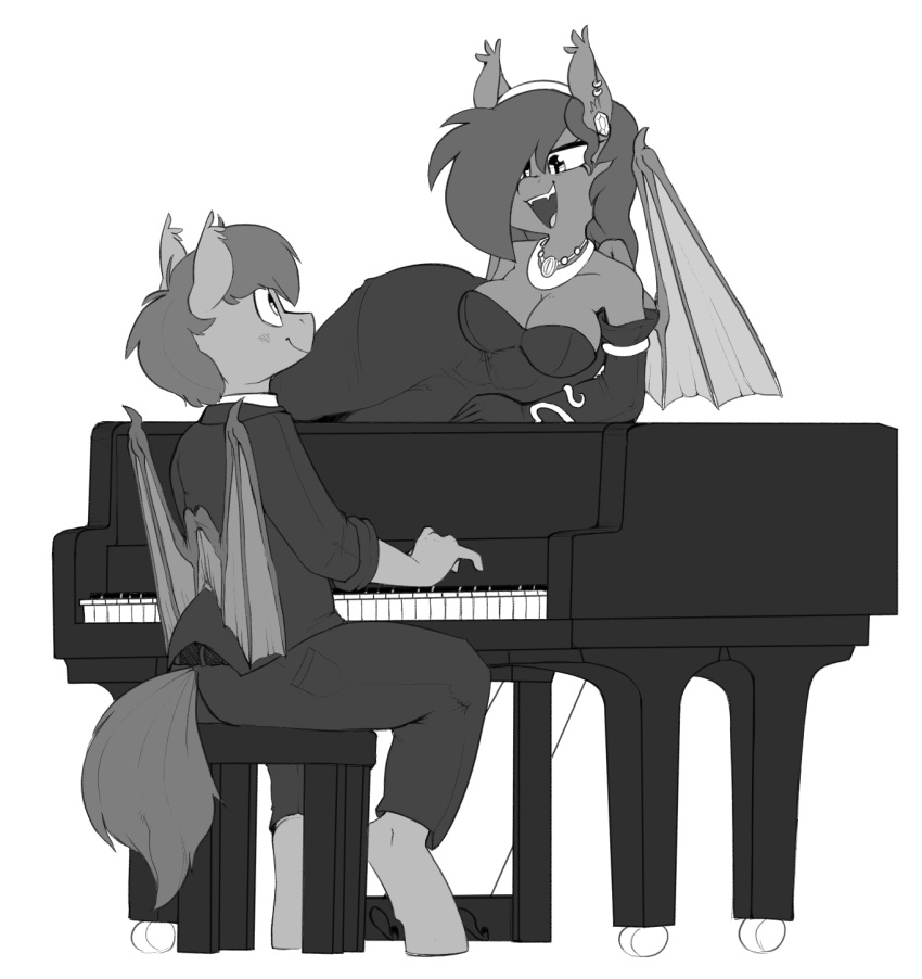 2018 anthro armwear bat_pony bat_wings breasts cleavage clothed clothing dress ear_piercing elbow_gloves fan_character female gloves jewelry male mcsweezy membranous_wings mic_check monochrome musical_instrument my_little_pony necklace piano piercing river_rhythm singing wings