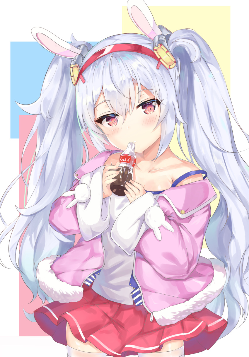 absurdres animal_ears azur_lane bangs bare_shoulders blush bottle breasts bunny_ears camisole coke coke_bottle collarbone commentary cowboy_shot eyebrows_visible_through_hair hair_between_eyes hair_ornament hairband head_tilt highres holding holding_bottle jacket laffey_(azur_lane) lisu long_hair long_sleeves off_shoulder open_clothes open_jacket parted_lips pink_jacket pleated_skirt red_eyes red_hairband red_skirt silver_hair skirt sleeves_past_wrists small_breasts solo strap_slip thighhighs twintails very_long_hair white_camisole white_legwear wide_sleeves