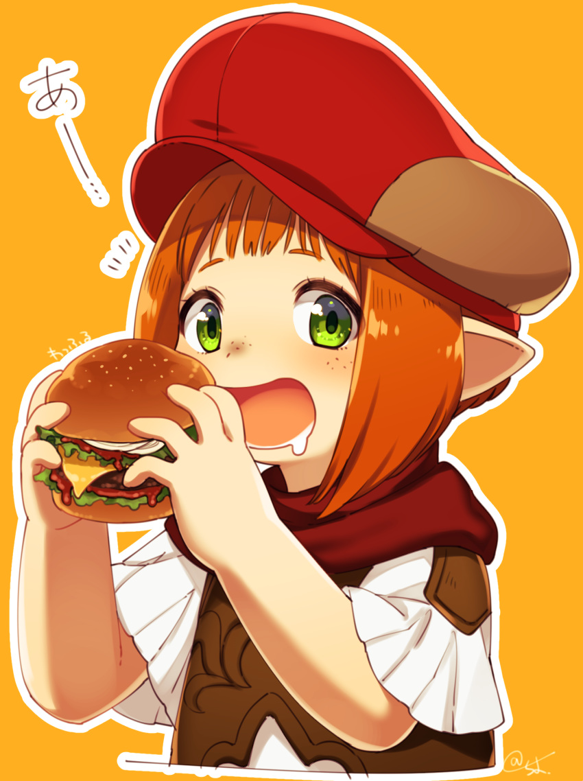 drooling eating final_fantasy final_fantasy_xiv food freckles green_eyes hamburger hat highres holding holding_food lalafell looking_at_viewer open_mouth orange_background pointy_ears red_hair sakura_chiyo_(konachi000) short_hair solo upper_body