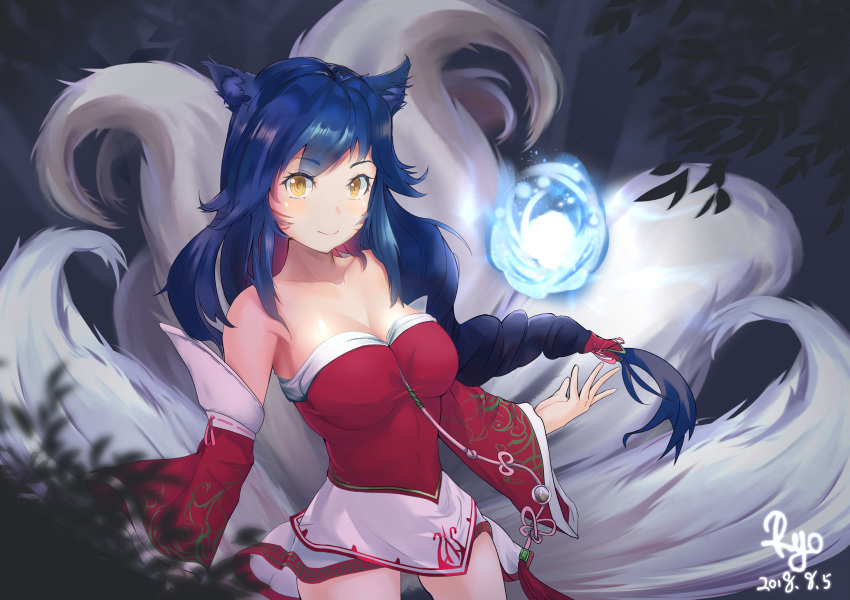 ahri alternate_hair_color animal_ears bare_shoulders black_hair blush breasts cleavage collarbone detached_sleeves facial_mark forest fox_ears fox_girl fox_tail highres korean_clothes large_breasts league_of_legends long_hair multiple_tails nature ryos1on slit_pupils tail whisker_markings yellow_eyes