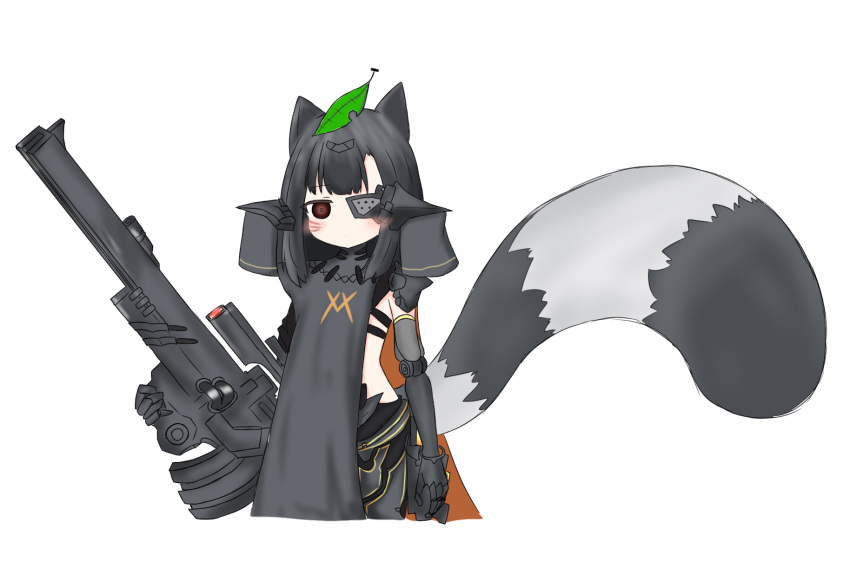 animal_ears bailingxiao_jiu black_hair black_pants blush brown_eyes closed_mouth cyborg eyepatch gauntlets girls_frontline gun highres holding holding_gun holding_weapon leaf leaf_on_head long_hair looking_at_viewer nyto_obelisk_(girls_frontline) pants raccoon_ears raccoon_girl raccoon_tail simple_background solo tail tail_raised weapon weapon_request whisker_markings white_background