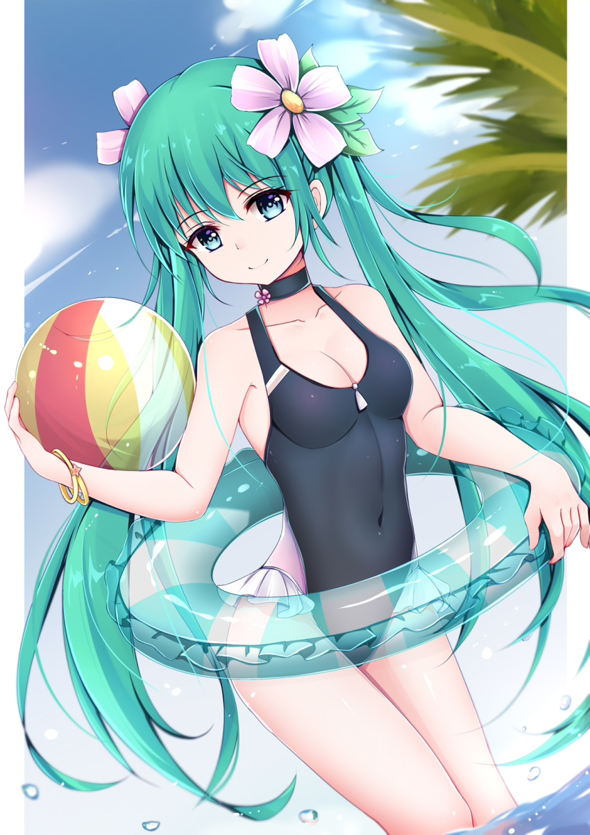 alternate_costume aqua_hair ball bangle bare_arms bare_shoulders beachball black_choker black_swimsuit blue_eyes blue_sky blush bracelet breasts casual_one-piece_swimsuit choker cleavage closed_mouth collarbone commentary_request covered_navel cowboy_shot day dutch_angle flower frilled_swimsuit frills hair_flower hair_ornament hatsune_miku head_tilt highres holding holding_ball jewelry leaf long_hair looking_at_viewer medium_breasts one-piece_swimsuit outdoors palm_tree pink_flower qingye_ling skin_tight sky smile swimsuit thighs transparent tree twintails very_long_hair vocaloid wading water