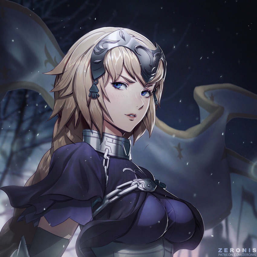 armor artist_name banned_artist blonde_hair blue_eyes braid breasts commentary english_commentary eyelashes fate/grand_order fate_(series) headpiece highres jeanne_d'arc_(fate) jeanne_d'arc_(fate)_(all) long_hair looking_at_viewer nose parted_lips patreon_username paul_kwon single_braid solo upper_body