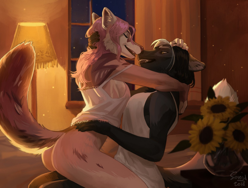 2018 anthro bottomless canine clothed clothing detailed_background duo eyes_closed female flower fox hair lamp male male/female mammal on_lap partially_clothed pink_hair plant plgdd sitting_on_lap smile white_hair