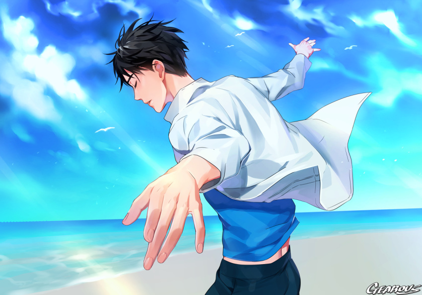 artist_name beach bird black_hair blue_shirt close-up closed_eyes clothes_lift cloud cloudy_sky day expressionless fingernails floating_hair gearous katsuki_yuuri long_sleeves male_focus ocean outdoors outstretched_arms pants profile seagull shirt short_hair sky sunlight upper_body white_shirt wind wind_lift yuri!!!_on_ice