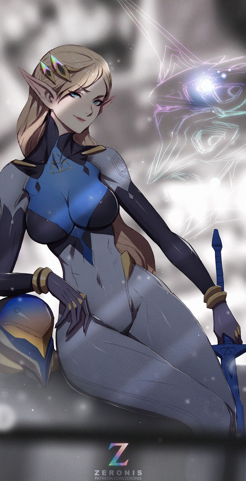 absurdres alternate_costume artist_name banned_artist blonde_hair blue_eyes bodysuit breasts cleavage commentary english_commentary hair_ornament headwear_removed helmet helmet_removed highres long_hair looking_at_viewer nose patreon_username paul_kwon pilot_suit pointy_ears princess_zelda sitting skin_tight smirk solo sword the_legend_of_zelda weapon