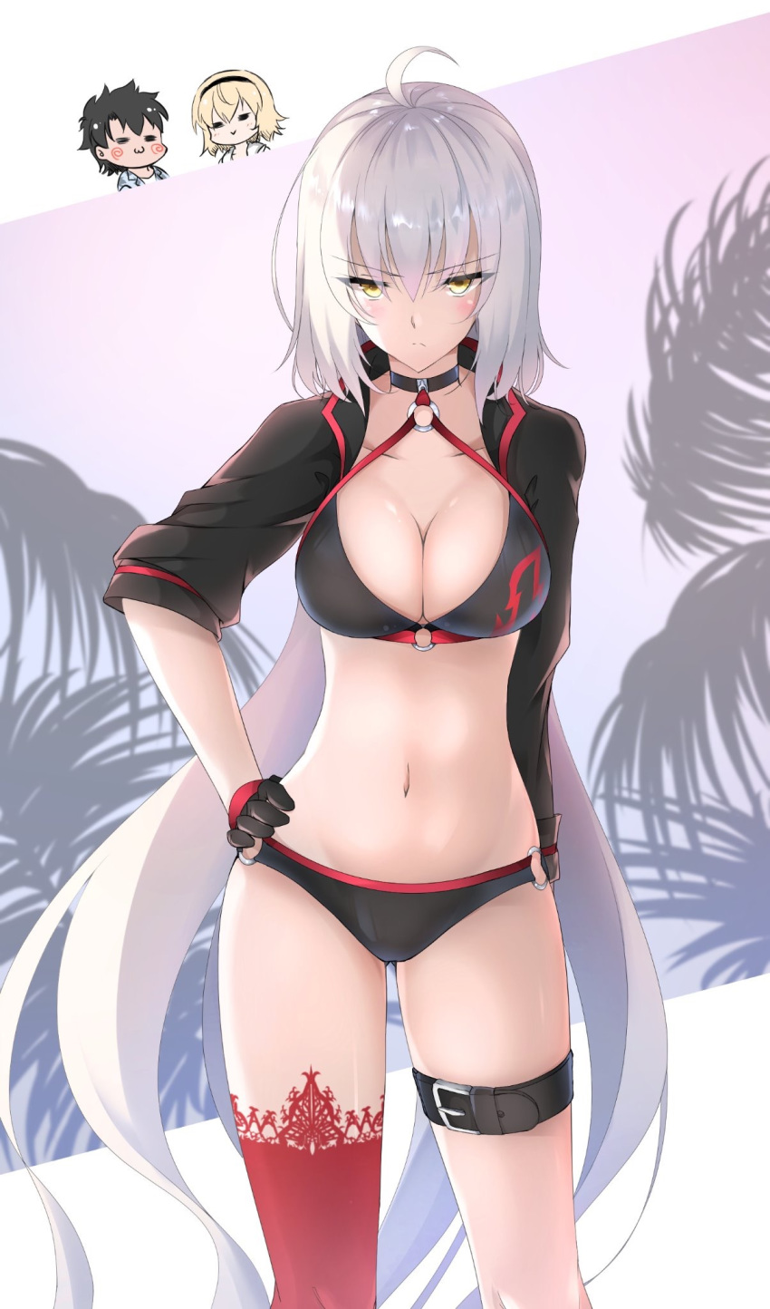 2girls :&gt; :3 =_= ahoge asymmetrical_legwear bangs bikini black_bikini black_choker black_gloves black_hair black_jacket blonde_hair blush breasts brown_eyes choker cleavage closed_eyes closed_mouth collarbone commentary_request eyebrows_visible_through_hair fate/grand_order fate_(series) fujimaru_ritsuka_(male) gloves hair_between_eyes hand_on_hip highres jacket jeanne_d'arc_(alter_swimsuit_berserker) jeanne_d'arc_(fate)_(all) jeanne_d'arc_(swimsuit_archer) koro_(tyunnkoro0902) large_breasts long_hair long_sleeves looking_at_viewer multiple_girls navel o-ring o-ring_bikini o-ring_bottom o-ring_top red_legwear shrug_(clothing) silver_hair single_thighhigh solo_focus swimsuit thighhighs tropical_summer very_long_hair