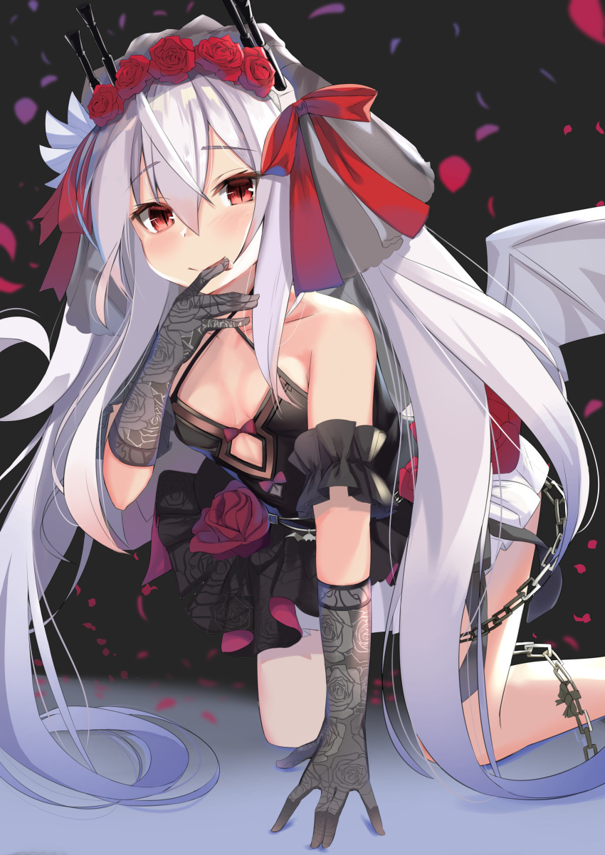 absurdres all_fours azur_lane bangs black_dress blush bow breasts chain closed_mouth collarbone commentary_request criss-cross_halter dress elbow_gloves eyebrows_visible_through_hair feet_out_of_frame finger_licking floral_print flower gloves grey_gloves grey_wings hair_between_eyes hair_bow hair_flower hair_ornament halterneck hand_to_own_mouth highres kazuha_(saku_kn) licking metal_wings petals pleated_dress print_dress print_gloves red_bow red_eyes red_flower red_rose rose rose_print see-through silver_hair slit_pupils small_breasts smile solo tongue tongue_out twintails vampire_(azur_lane) veil wings