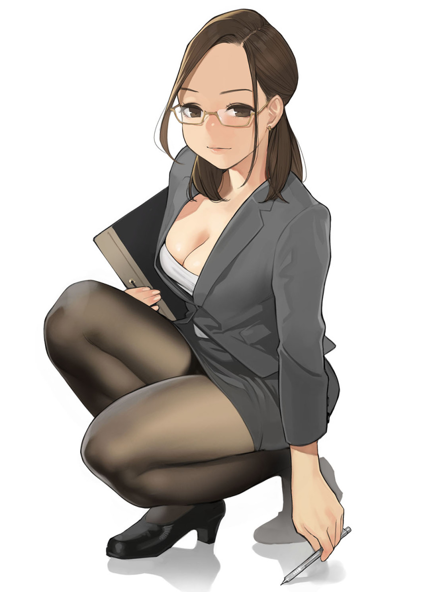 :| black_footwear breasts brown_eyes brown_hair cleavage clipboard closed_mouth earrings formal glasses highres jewelry long_hair looking_at_viewer office_lady original pantyhose pen pencil_skirt skirt solo squatting standing suit thighs yomu_(sgt_epper)