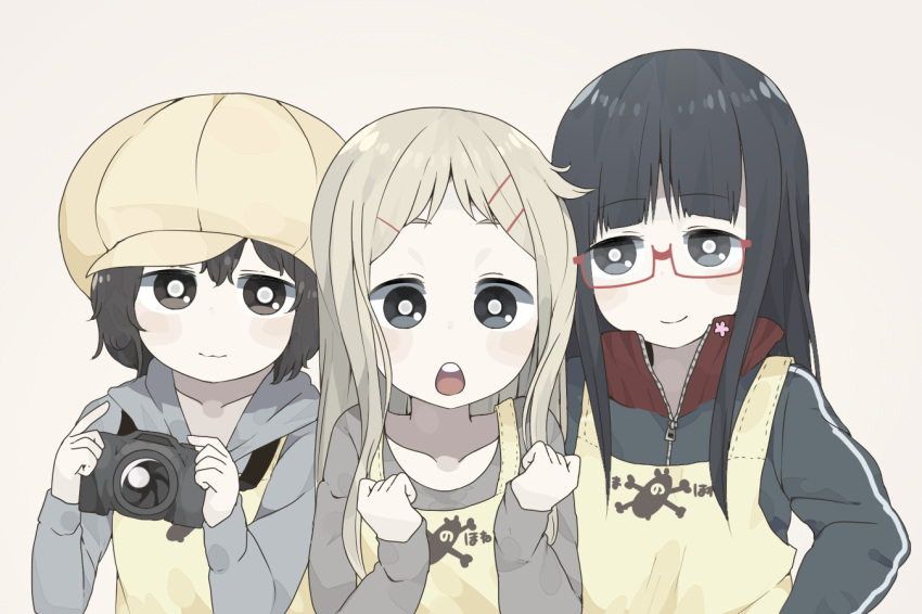 apron black_eyes black_hair blonde_hair cabbie_hat camera commentary denki-gai_no_hon'ya-san fuyuri_(tibirobo) glasses hair_ornament hairclip hat hiotan hood hoodie jacket kameko_(denki-gai) long_hair multiple_girls red-framed_eyewear round_teeth sensei_(denki-gai) simple_background teeth track_jacket