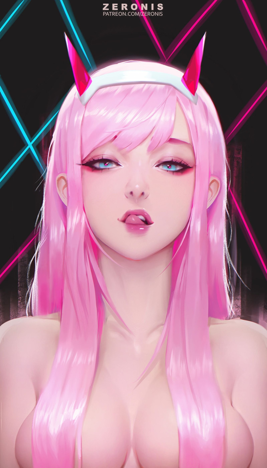 absurdres bangs banned_artist blue_eyes breasts commentary darling_in_the_franxx english_commentary eyeshadow hair_censor half-closed_eyes highres horns licking_lips lips long_hair looking_at_viewer makeup medium_breasts nose nude paul_kwon pink_hair solo swept_bangs tongue tongue_out upper_body zero_two_(darling_in_the_franxx)