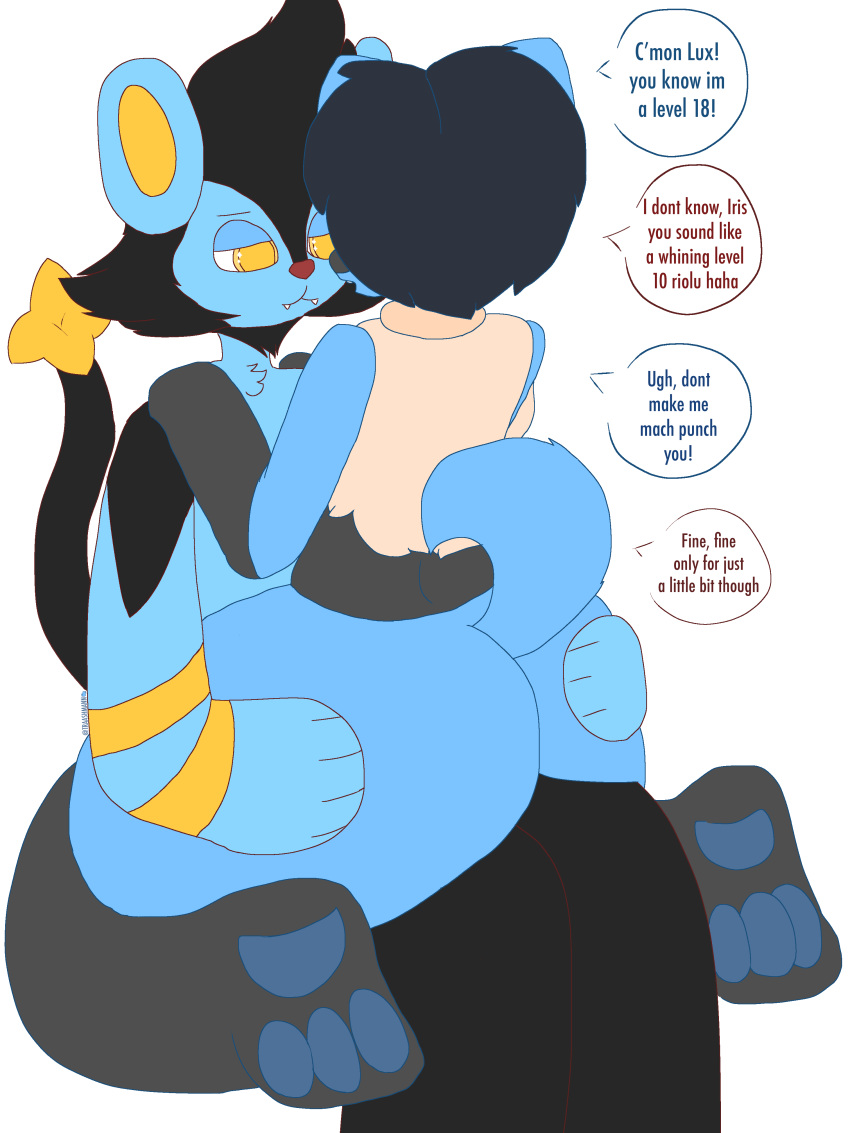 2018 anthro big_butt breasts butt butt_grab canine curled_tail dialogue digital_drawing_(artwork) digital_media_(artwork) duo english_text fan_character fangs female fur grope hair hand_on_butt hands_on_shoulders huge_butt luxio male male/female mammal nintendo on_lap pawpads paws pok&eacute;mon pok&eacute;mon_(species) riolu short_hair simple_background sitting_on_lap smile speech_bubble teeth text thick_thighs traashmann video_games wide_hips yellow_eyes