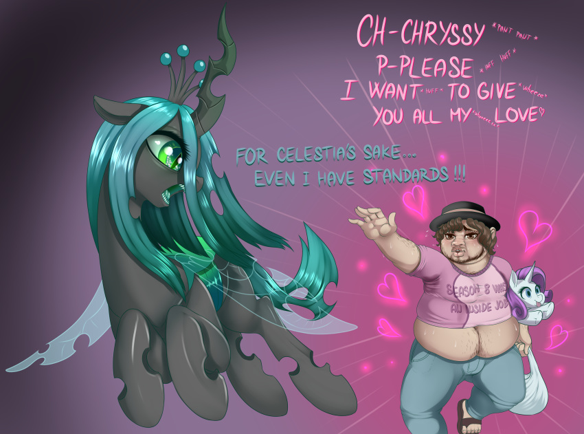 &lt;3 2018 absurd_res belly changeling dankflank dialogue digital_media_(artwork) english_text eyelashes facial_hair feral friendship_is_magic green_eyes hair hat hi_res hole_(anatomy) horn human long_hair male mammal my_little_pony open_mouth overweight queen_chrysalis_(mlp) sweat text tongue wings