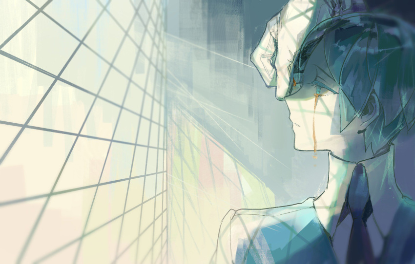 androgynous blef colored_eyelashes comforting crying crying_with_eyes_open gem_uniform_(houseki_no_kuni) gloves green_eyes green_hair highres houseki_no_kuni kongou_sensei light necktie out_of_frame phosphophyllite profile short_hair solo_focus tears upper_body window