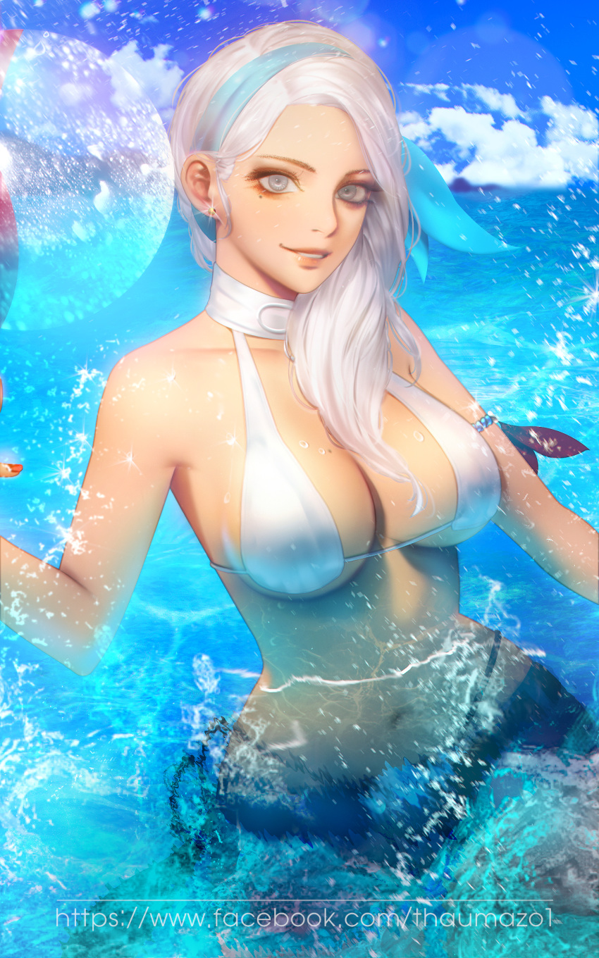 armband blue_hairband breasts character_request cloud collarbone copyright_request day earrings hairband halterneck highres jewelry large_breasts lips long_hair looking_at_viewer makeup mole mole_under_eye nail_polish navel ocean partially_submerged sky smile solo splashing swimsuit thaumazo water white_eyes white_hair