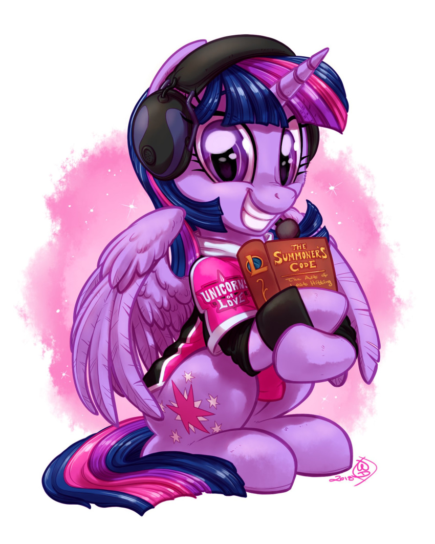 2018 adorkable big_eyes book clothed clothing cute cutie_mark english_text equine eyelashes feathered_wings feathers female feral friendship_is_magic gamer grin hair headphones headset hi_res holding_object hooves horn league_of_legends looking_at_viewer mammal multicolored_hair my_little_pony portrait purple_eyes purple_feathers riot_games shirt signature simple_background smile solo teeth text twilight_sparkle_(mlp) video_games white_background whitediamonds winged_unicorn wings